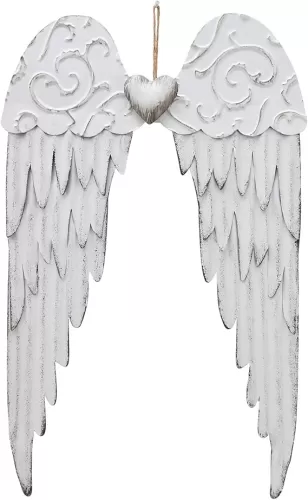 Angel Wings Metal Wall Art Decoration Antique Hanging Angel Wings Wall Decor with Heart Decorative Vintage Angel Wings Wall Sculpture Indoor Outdoor Wall Decor Hanging for Home Bedroom Living Room