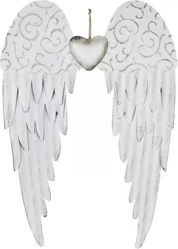 Angel Wings Wall Decoration, Antique Hanging Metal Wings Wall Décor with Heart Decorative Wall Sculpture Indoor Outdoor for Home Bedroom Living Room Garden