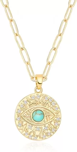 Aobei Pearl 18K Gold Moon Star Lion Evil Eye Love Heart Cross Pendant Necklace Medallion Paperclip Chian Choker Layering Jewery for Women