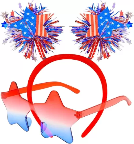 Aprince 2PCS 4th of July Headband and Sunglasses Set Patriotic Red White and Blue Independence Day USA Flag Hair Accessories and Glasses for Women Girl Kids Memorial Day Party Supplies