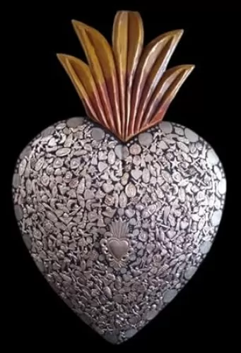 Artcraft Mexican Milagros Heart - Tin Painted Sacred Heart Ornaments - Mexican Art, Milagros, Mexican Metalwork - 8.3" X 5.5" (2 Pieces Hearts) (wood) - Wall Hanging - Living Room