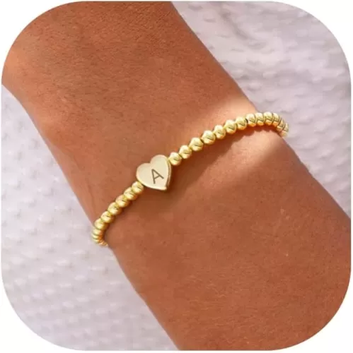 Beaded Bracelets for Women Dainty Heart Initial Bracelet Letter A-Z Charm Bracelet for Women Stretch Bead Ball Bracelet Trendy Jewelry Gifts