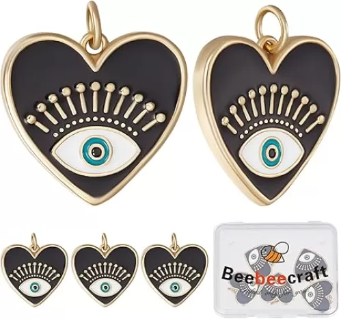 Beebeecraft 1 Box 6Pcs Heart with Eye Charms 18K Gold Plated Enamel Evil Eye Pendant Charms with Jump Rings for Jewellery Making Charm Earrings Necklace DIY Supplies