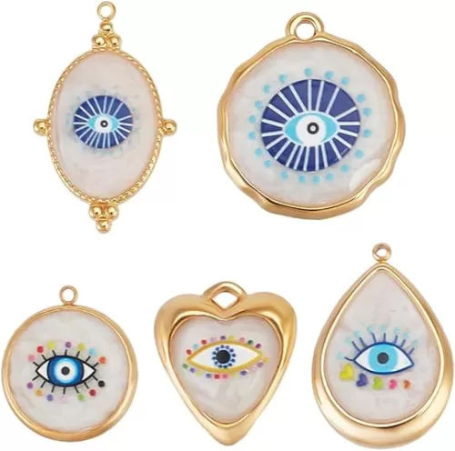 Beebeecraft 5Pcs 5 Styles Enamel Evil Eye Charms 18K Gold Plated White Blue Oval Teardrop Heart Shape Eye Pendant Charms for Jewelry Making