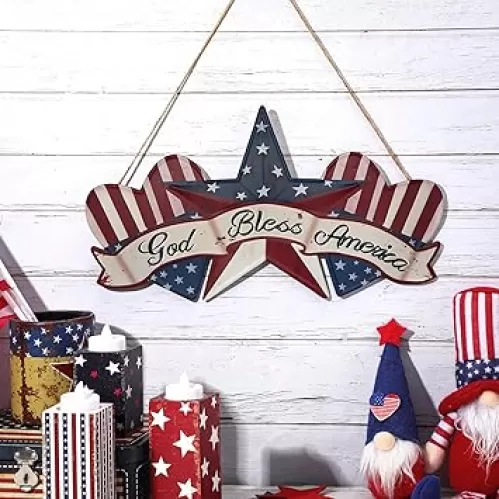 Berlune 4th of July Decorations Patriotic Door Sign Wooden Red White Blue Wreath American Flag Door Hanger Independence Day Decor for Front Porch Wall Home Outdoor(Classic)