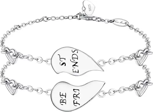 “BEST FRIENDS” Engraved 925 Sterling Silver Half Heart Shaped Inspirational Friendship Bracelets Set of 2