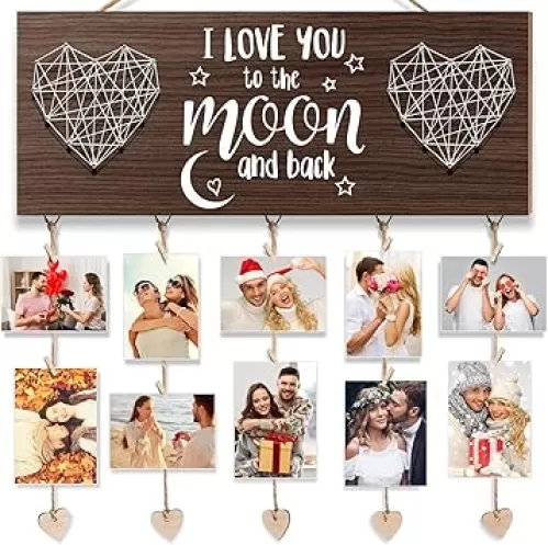 Birthday Gifts for Him Boyfriend Mothers Day Gifts for Her Girlfriend, Romantic Picture Frame Anniversary Wedding Gifts for Couples Wife Husband, I Love You to The Moon & Back Hanging Photo Holder