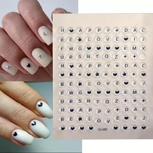 Black Heart Nail Art Stickers 5D Embossed Letter Nail Stickers Self-Adhesive with Star Design Shiny Valentines Nail Decals Spring Summer Nail Art for Women Girls Daily Manicure DIY Nail Supplies