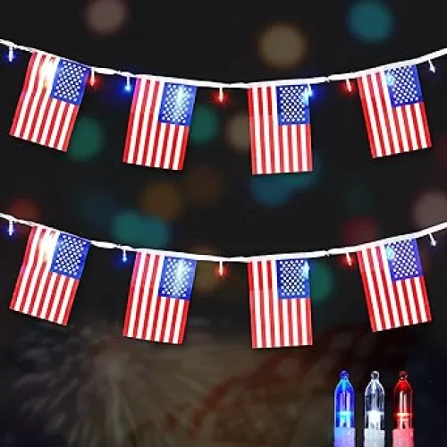 BlcTec 4th of July Decorations Patriotic String Lights 20 American Flags & 50 LED Red White Blue Lights, Battery Operated Waterproof Flag Light with 8 Modes, Timer for Indoor Outdoor Party Decor