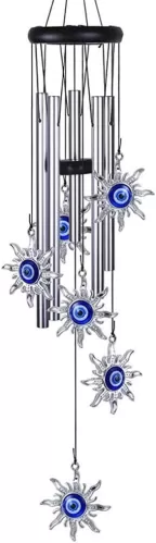 Blue Evil Eye Heart Wind Chimes, Metal Tubes Hanging Ornaments, Car Outdoor Garden Decor (Sun)