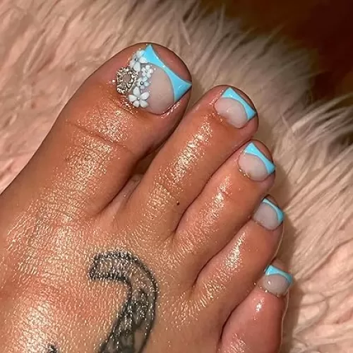 Blue French Tip Press on Toenails Short Square Fake Toe Nails with 3D Flower Designs Toe Press on Nails Heart Rhinestones False Toenails Summer Acrylic Toenail Glue on Toe Nails for Women 24Pcs