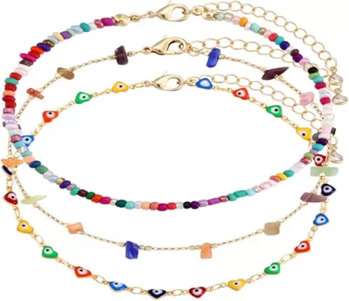 Boho Beaded Ankle Bracelet Beach 18 K Gold Plated Anklet Bracelets Handmade Colorful Seed Beads Butterfly Evil Eye Heart Link Chain Anklet Pack Cute Summer Foot Jewelry for Women