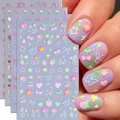 Bow Heart Star Nail Stickers for Nail Art Spring Butterfly Flower Nail Art Stickers Cute Summer Ice Cream Nail Decals 3D Colorful Strawberry Floral Self Adhesive Design Sticker for Women Girls 3PCS