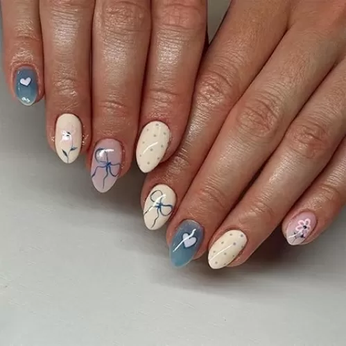 Bow Press on Nails Short Fake Nails Almond False Nails with Designs Heart Flower Acrylic Glossy Full Cover Glue on Nails Press ons Blue Cute Artificial Stick on Nails for Women Manicure 24 Pcs