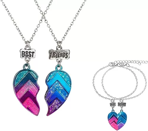 Caiyao 4 Pcs/Set BFF Necklaces and Bracelets Best Friends Half Heart Pendant Chain Necklaces Half Heart Friendship Jewelry Set 2 Friends Birthday Gift