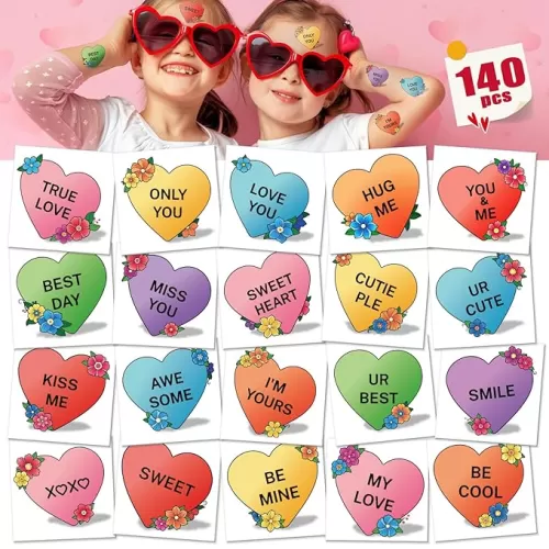 Cerlaza 140 Pcs Valentines Day Temporary Tattoos Kids Adult, 20 Styles Individually Wrapped Colorful Heart Tattoo Valentine Stickers, Love tattoos for Valentine's Day Party Decoration Accessories