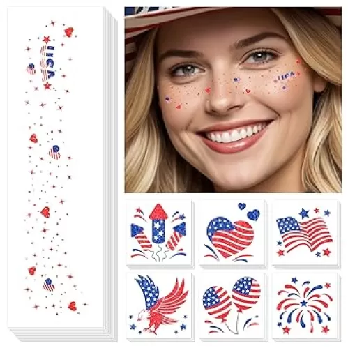 Cerlaza 4th of July Decorations, Accessories, Glitter Freckles Face Tattoos, Independence Day Temporary Tattoos for Adults Kids, USA Patriotic Fourth of July Rave Memorial/Labor Day Fake Tattoos