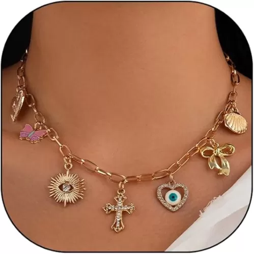 Charm Gold Evil Eye Cross Choker Necklace for Women Boho Heart Bowknot Pendant Necklace Adjustable Butterfly Shell Necklace Jewelry Accessories