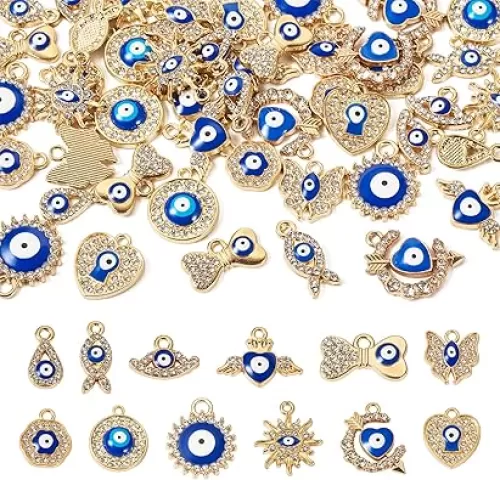 Cheriswelry 48Pcs Rhinestone Enamel Charms Evil Eye Gold Plated Alloy Pendants Flat Round Heart Butterfly Teardrop Metal Charm 10-20mm for Bracelet Necklace Earring Jewelry Making