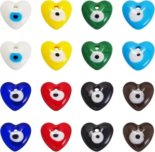 Craftdady Flat Heart Evil Eye Lampwork Pendants 16 pcs Handmade Love Shape Turkish Evil Eye Glass Dangle Charms for DIY Craft Bracelet Anklet Choker Jewelry Making Decor
