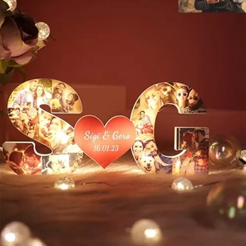 Custom Initial Letter Heart Photo Collage Valentines Couples Lamp Personalized Alphabet 10 Photo Picture Frame Night Light for Couples Family Wife Friends Lovers Aniversary (Letter collage light)