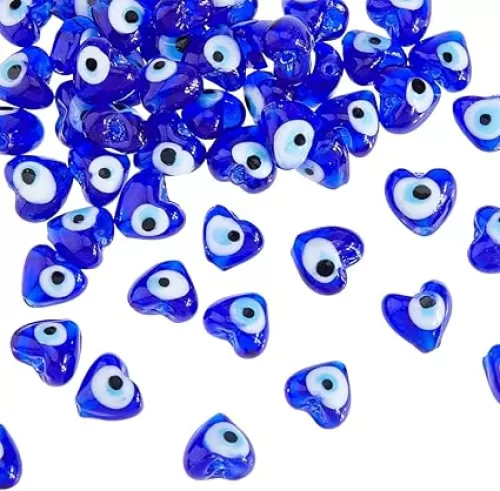 DICOSMETIC 50Pcs Blue Evil Eye Beads Handmade Evil Eye Lampwork Beads Heart Evil Eye Charms Turkish Handmade Beads for Bracelet Earring Necklace Craft Making, Hole: 1.5mm