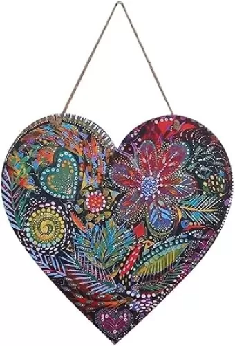 Double-Sided Metal Heart Wall Art - Colorful Floral Design & USA Flag Pattern for Indoor and Outdoor Decor, 13.6 x 13.6 x 0.2 inches