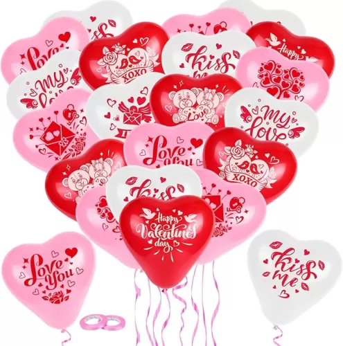 DPKOW 36pcs Happy Valentine's Day Balloons Decorations, 9 Style Love Heart Shape Latex Balloons White Pink Red, I Love You XOXO Kiss Me My Love Balloons for Wedding Anniversary Mother's Day Engagement
