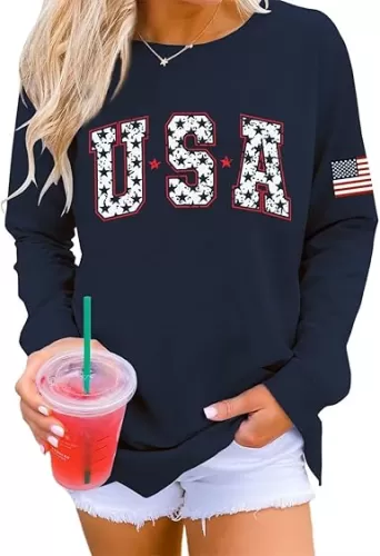 Dressmine Womens Usa Sweatshirt Long Sleeve Graphic 4Th Of July Flag Shirts 2025 Cute Knit Casual Pullover