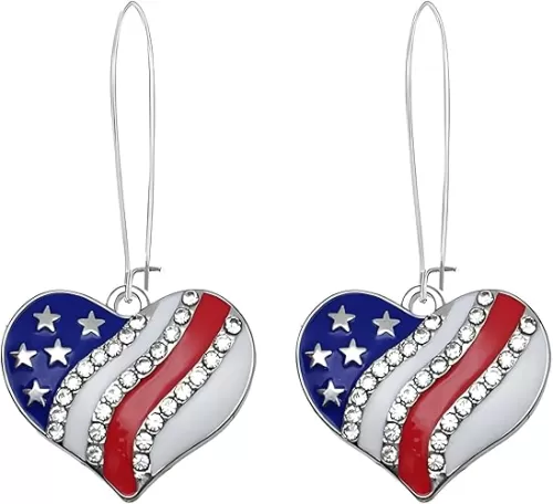 Dreuyet 4th of July Earrings for Women Patriotic American Flag Long Dangle Hoop Earrings Crystal USA Red White Blue America Independence Day Fourth of July Outfit Jewelry