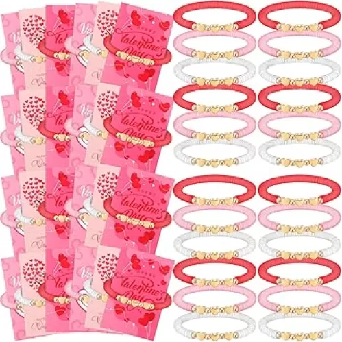 Ecally 24 Pack Valentine's Day Gift Sets Heart Shaped Friendship Bracelets Clay Bead Bracelets with Greeting Cards Exchange Gift for Women Men Valentine's Day Party Favors Supplies