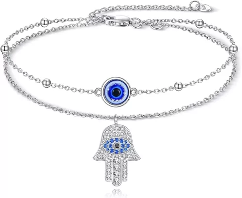 Evil Eye Hamsa Bracelet S925 Sterling Silver Blue Evil Eye Layered Bracelets Hamsa Fatima Hand Third Eye Amulet Jewelry Good Luck Protection Gifts For Women Female Mom
