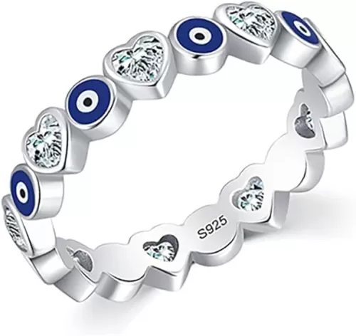 Evil Eye Ring, 925 Sterling Silver Zirconia Heart Blue Evil Eye Ring Band for Women Statement Rings Back to School Jewelry Birthday Graduation Gifts