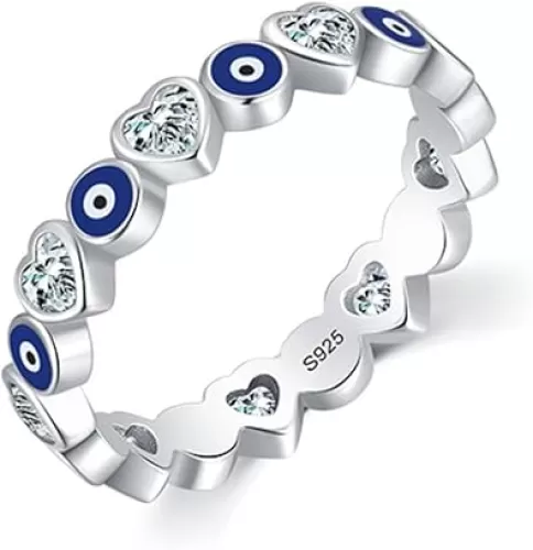 Evil Eye Ring for Women Sterling Silver Turkish Evil Eye Ring Bands Dainty Evil Eye Rings Lucky Jewelry Heart Ring CZ Statement Ring Dainty Wedding Graduate Jewelry Gift for Her US Size 5-12