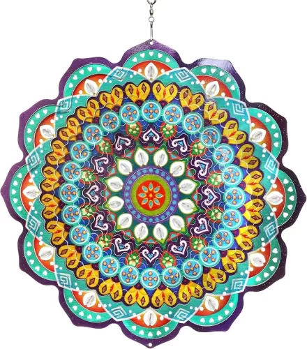 Exhart Wind Spinner, Hearts Mandala Wind Sculpture, 3D Laser Cut Patterns with Bead Details, Metal Outdoor Garden Decoration, Multicolor Lawn and Yard Art, 12 Inch