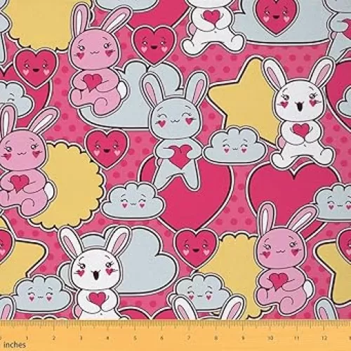 Feelyou Cartoon Rabbits Fabric by The Yard, Cute Pink Bunnies Kids Theme Illustration Fabric for Chairs and Home DIY Projects, Heart and Clouds Pattern Decorative Waterproof Fabric, 10 Yards