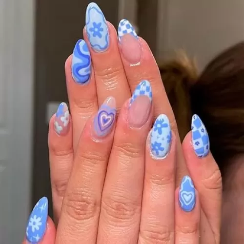 French Tip Nails Nude Pink Fake Almond False with Blue Flower Heart Designs Blue Glue Lattice Stick on Full Cover Summer Acrylic Cute Artificial