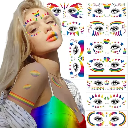 Gay Pride Glitter Rainbow Face Temporary Tattoo Sticker, LGBT tattoos Transfer Tattoo Freckle Waterproof Butterfly Heart Rainbow Sticker for Pride Party Equality Parades and Celebrations 10 Sheets