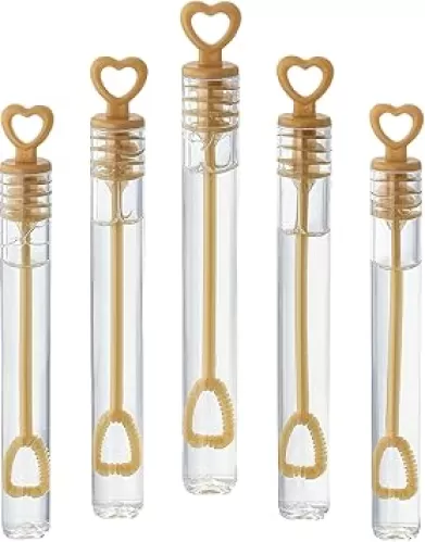 GIFTEXPRESS Bubble Wands Party Favors - 96 Pack Mini 4.25" Tall Gold Color Heart Bubble Sticks - 0.2 Fl Oz / 5 mL Tube of Non Toxic Bubbles Solution for Kids