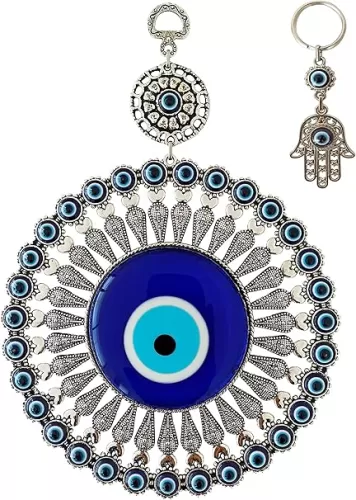 Glass Turkish Blue Evil Eye Wall Hanging Ornament with Little Hearts – Nazar Bead with Hamsa Keychain