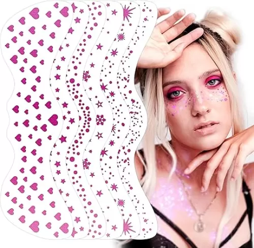 Glitter Freckles Face Tattoo - Rose Red Pink- Glow Up Makeup Patches - Face Glitter Speckles Patches - Cute Glitter Makeup Accessories for Women - Cosmetic Glitter for Face - 6 Sheets
