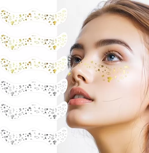Glitter Freckles Face Tattoo Gold & Silver Heart Face Glitter 6 Sheets Glitter Makeup Sparkle Freckles Gold Freckles Temporary Face Valentines Tattoos Fake Freckles For, Dances, Music, party, Dates Makeup