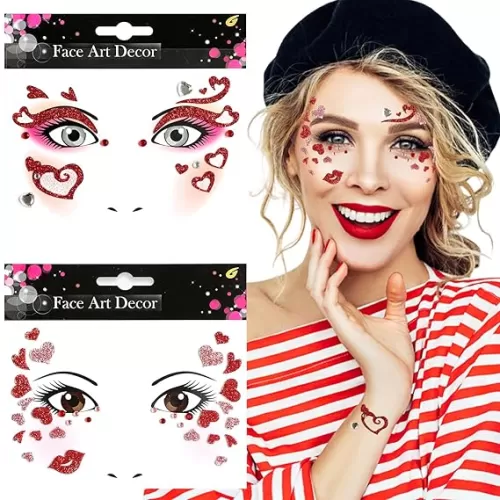 Glitter Heart Lips Rhinestone Face Stickers Shiny Red Love Heart Sparkle Freckles Face Gem Temporary Tattoo Makeup Stickers for Valentine Dance Cosplay Party Supplies 2 Sheets