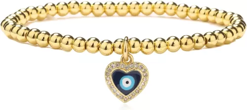 Gold Bead Bracelet For Women 14K Gold Plated Heart Evil Eye Bracelets For Women AAA CZ Inlay Party Jewelry Birthday Gift