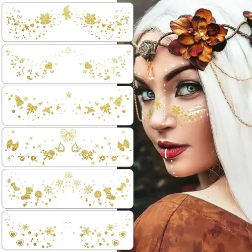 Gold Glitter Freckles Face Tattoo Christmas Snowflake Bells Hearts Bows Stars Temporary Tattoo Stickers Sparkle Freckles Metallic Face Gems Makeup Accessories for Women Xmas Party Face Decor 6Pcs