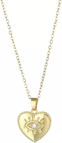 Gold Heart Evil Eye Necklace, 18K Gold Plated Cute Rhinestone Pendant Evil Eye Protection Minimalist Jewelry for Women and Men