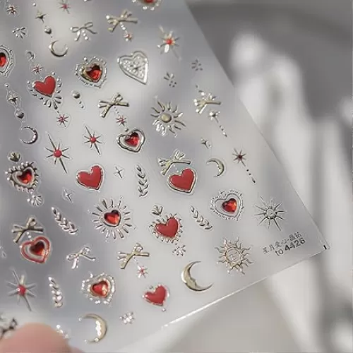 Gold Nail Stickers Heart Nail Art Stickers Star Moon Sun 5D Embossed Self-Adhesive Nail Decals Summer Nail Designs Bow Nail Art Decals for Women Girls Nails Accessories 1 Sheet