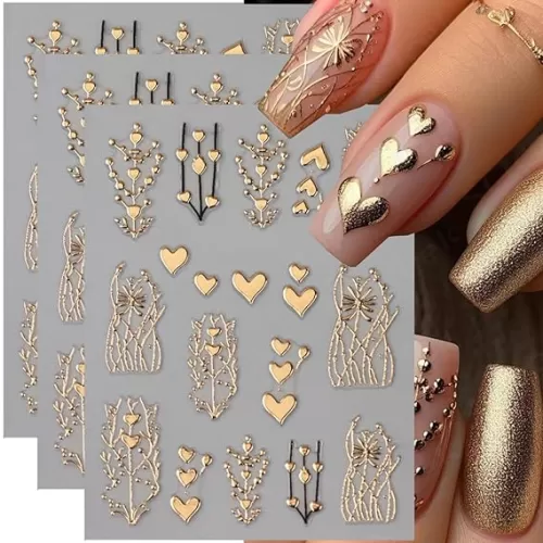 Golden Heart Nail Stickers for Nail Art 3D Bronzing Heart Nail Art Stickers 3PCS Metallic Golden Love Hearts Tree Stripe Design Self-Adhesive Nails Decals Supply for Women DIY Manicure Decorations