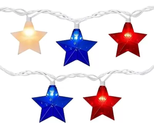 GOOTHY LED Red White Blue Star String Lights Plug in, 8.5Ft 4th of July Decorations Lights with 10 Star Light, Hanging Patriotic Fairy Light for Independence Day Window Outdoor Home Patriotic Party