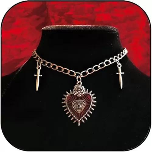 Gothic Evil Eye Heart Necklace for Women Vintage Blood Moon Crescent Necklace Red Crystal Statement Pendant Necklace Halloween Jewelry Gifts